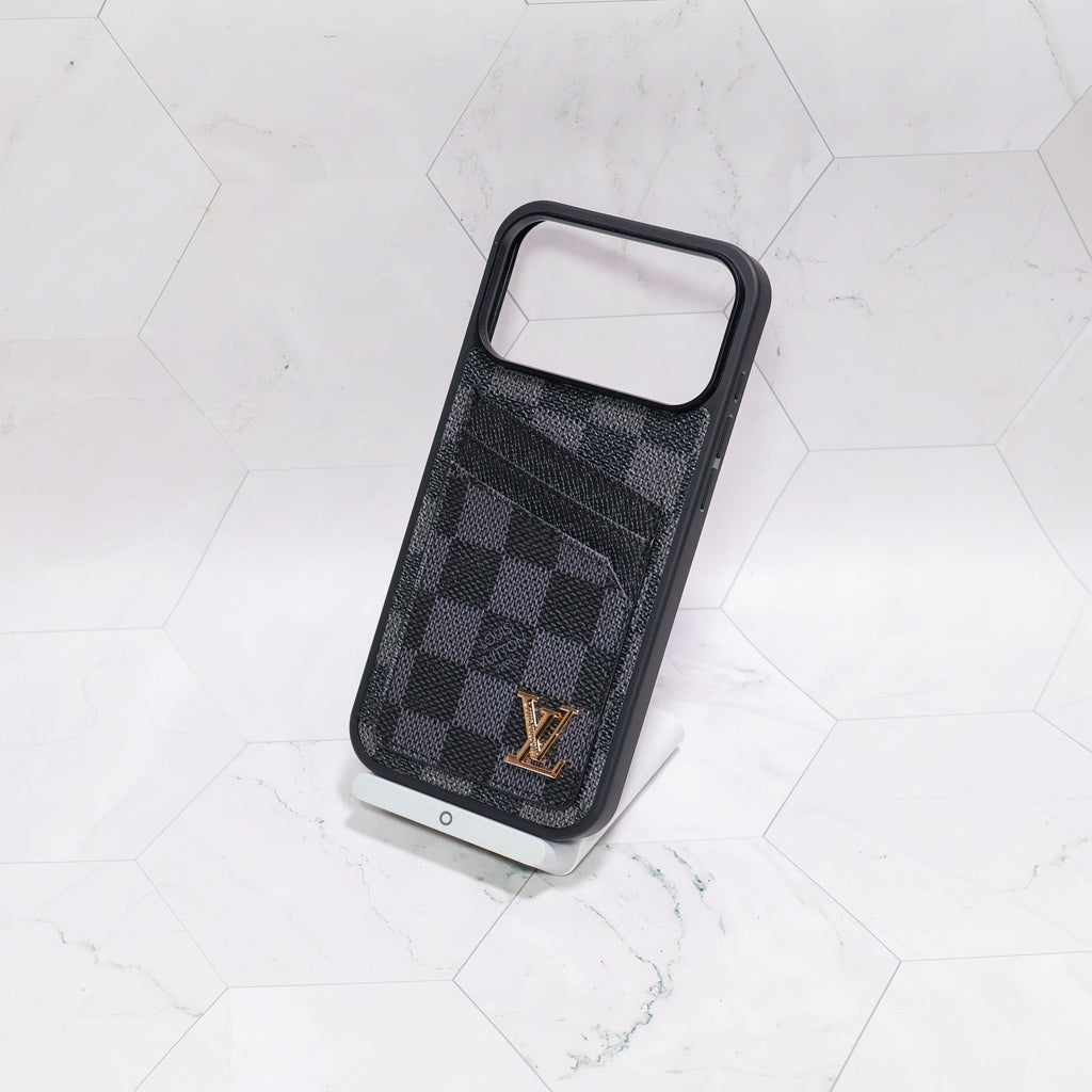 LV iPhone card holder case close-up showing the full wallet back and finished edges