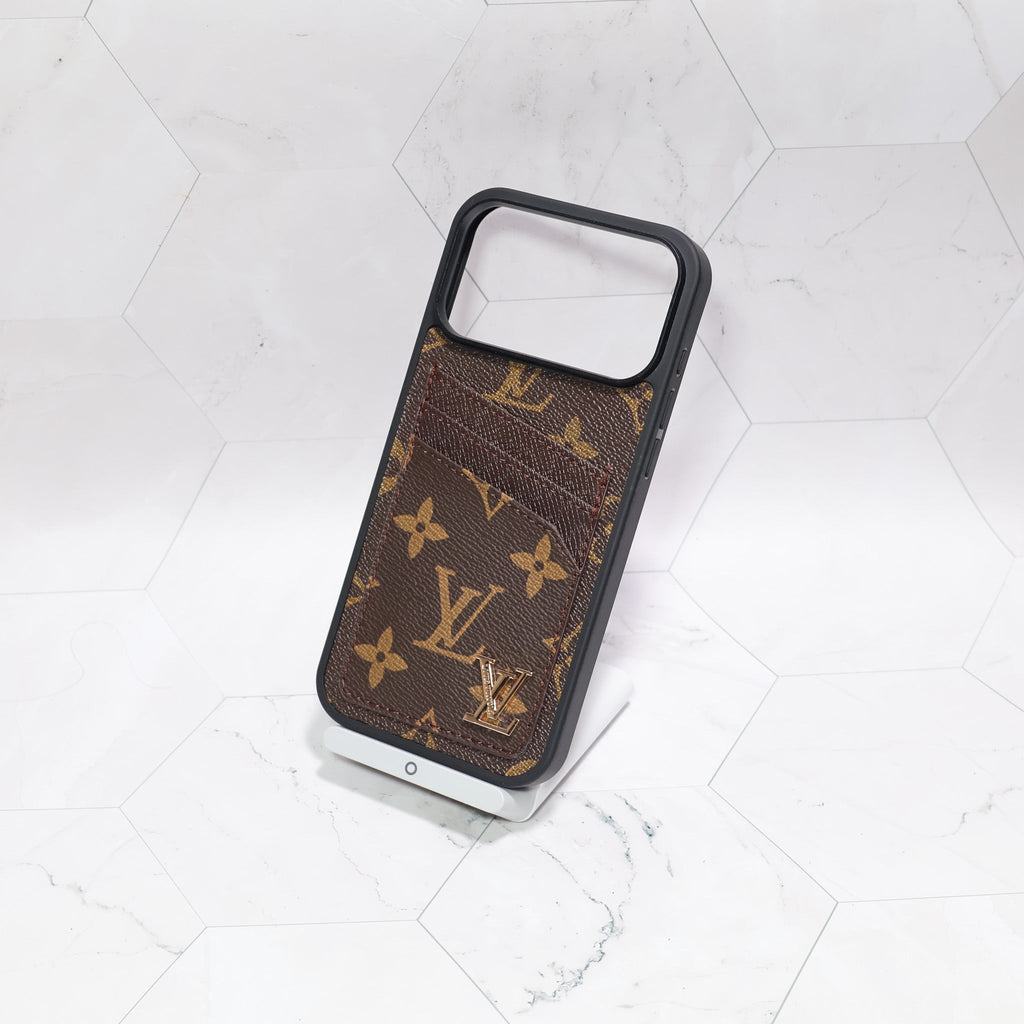 LV iPhone card holder case showing the rear storage, patterned leather and slim protective fit