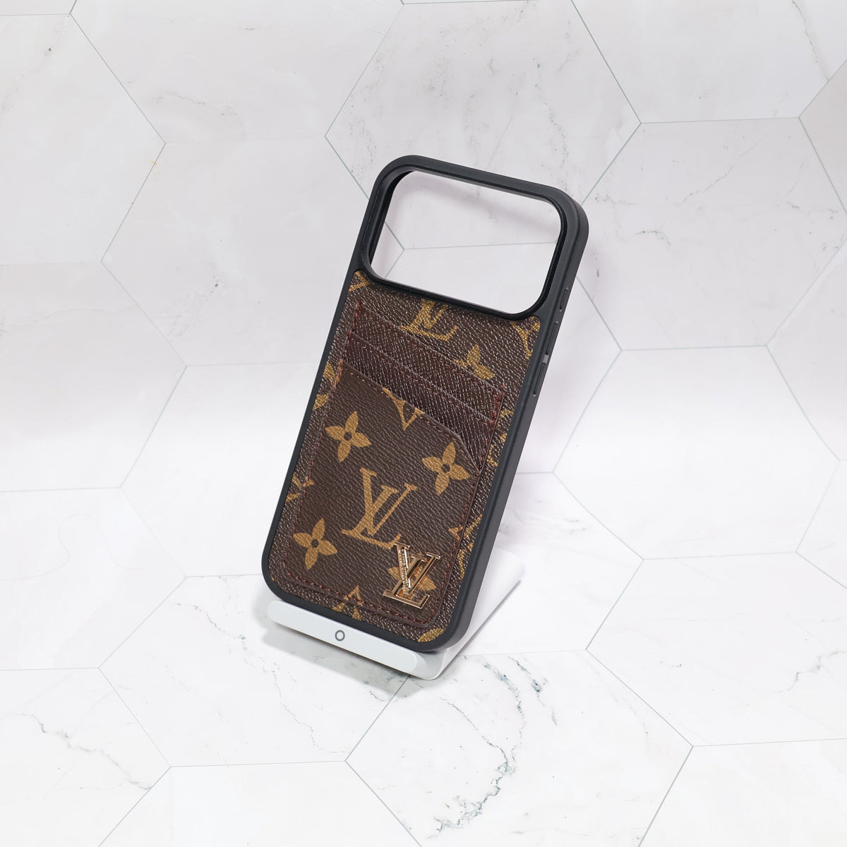 LV iPhone card holder case showing the rear storage, patterned leather and slim protective fit