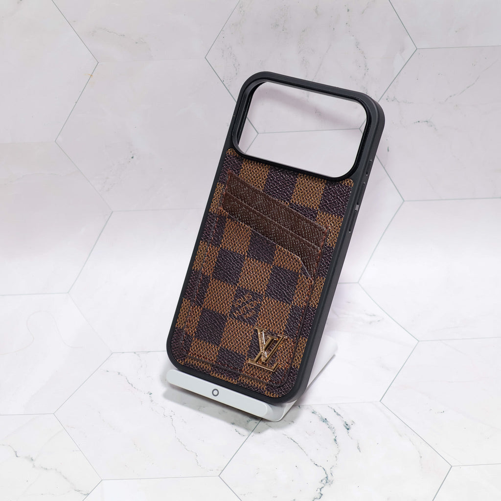LV iPhone card holder case showing the protective cover, camera opening and fitted corners