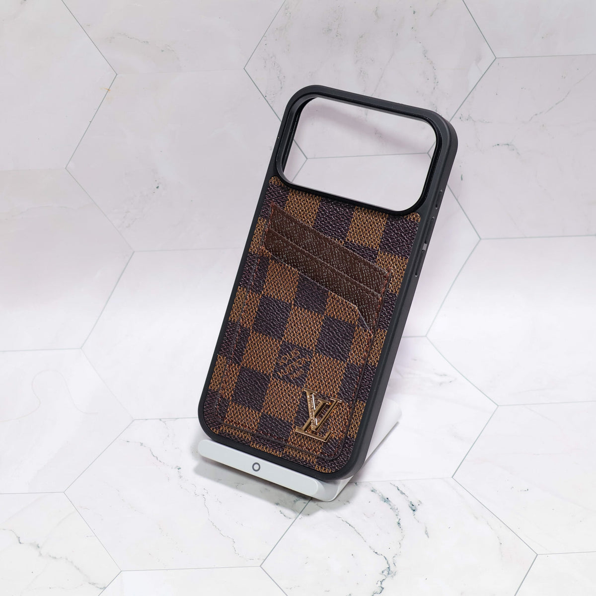 LV iPhone card holder case showing the protective cover, camera opening and fitted corners