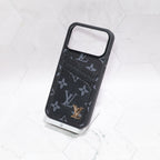 LV iPhone card holder case close-up showing the wallet slot and leather finish
