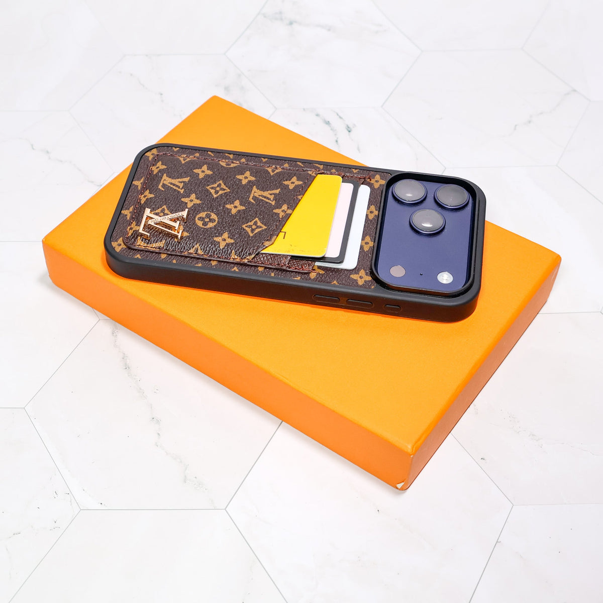 LV iPhone card holder case showing the slim wallet profile and rear cover