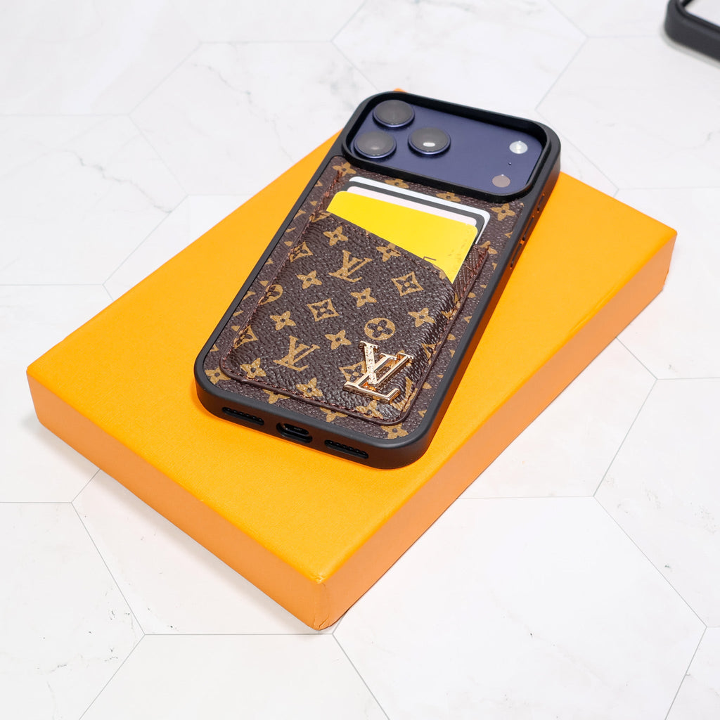 LV iPhone card holder case close-up showing card storage and material texture