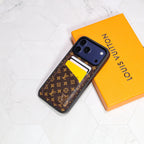 LV iPhone card holder case showing the rear wallet slot and patterned leather finish