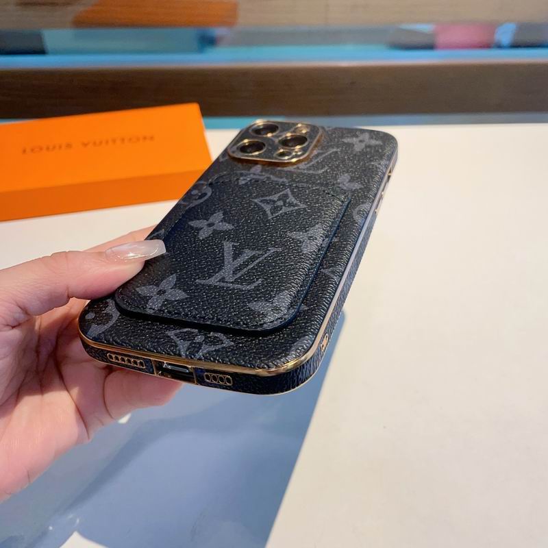 Black LV iPhone card holder case showing the charging port opening and lower protection