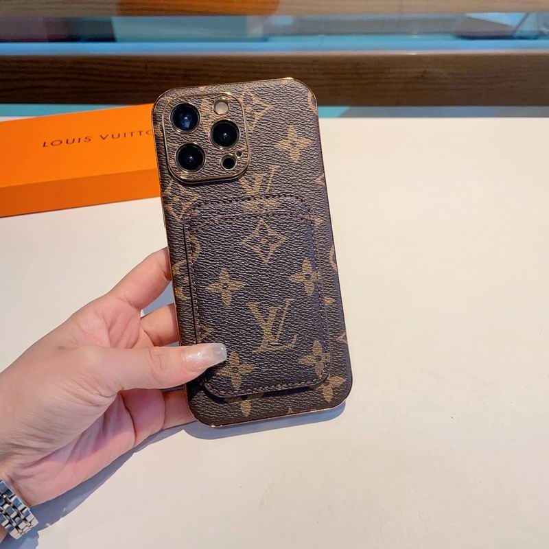 Brown LV iPhone card holder case shown from the front with the wallet back visible