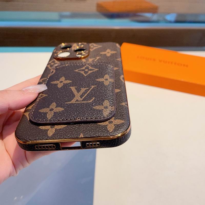 Brown LV iPhone card holder case showing clear charging port access and fitted edges