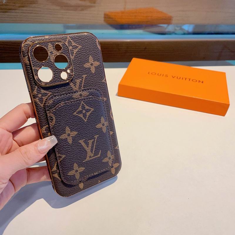 Brown LV iPhone card holder case side view showing the protective edge and button fit