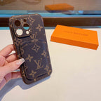Brown LV iPhone card holder case side view showing the protective edge and button fit