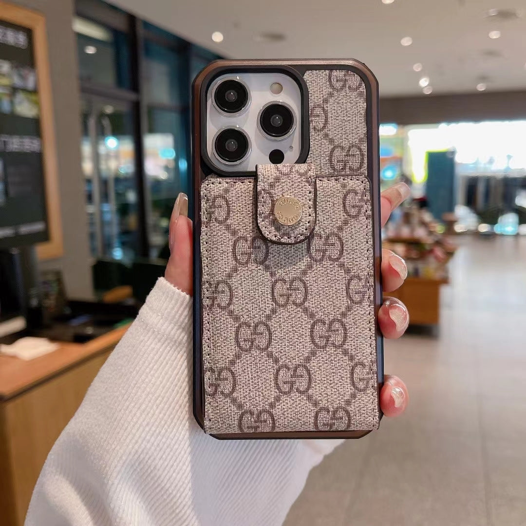 Beige LV style iPhone wallet case showing the card holder and leather finish