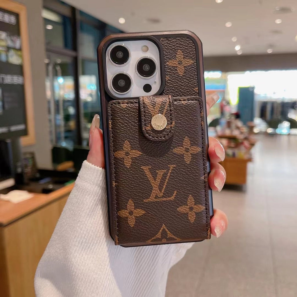 Brown monogram LV iPhone wallet case showing the patterned card holder cover