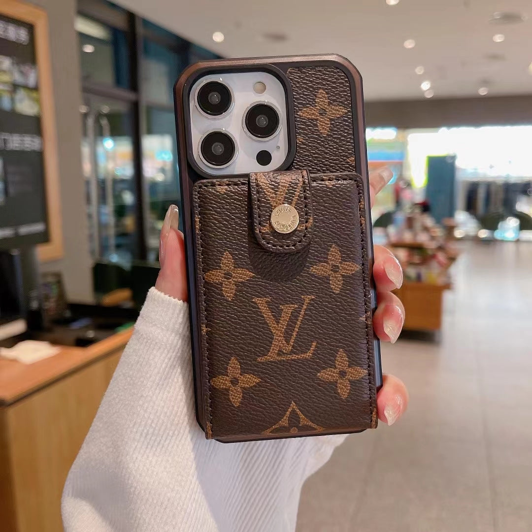 Brown monogram LV iPhone wallet case showing the patterned card holder cover