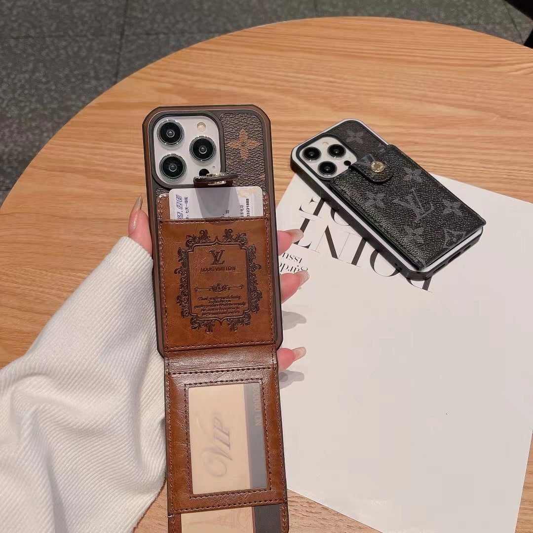 LV iPhone wallet case shown open to display the folding card section and phone shell