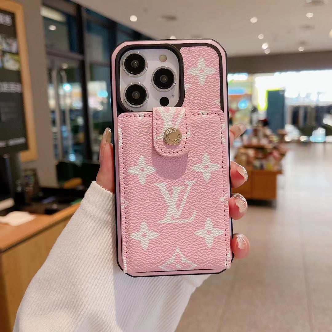 Pink monogram LV iPhone wallet case showing the folding card holder and patterned back
