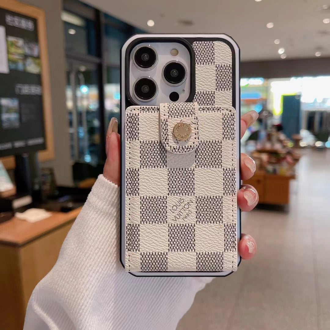 White checkered LV iPhone wallet case showing the light patterned folding cover
