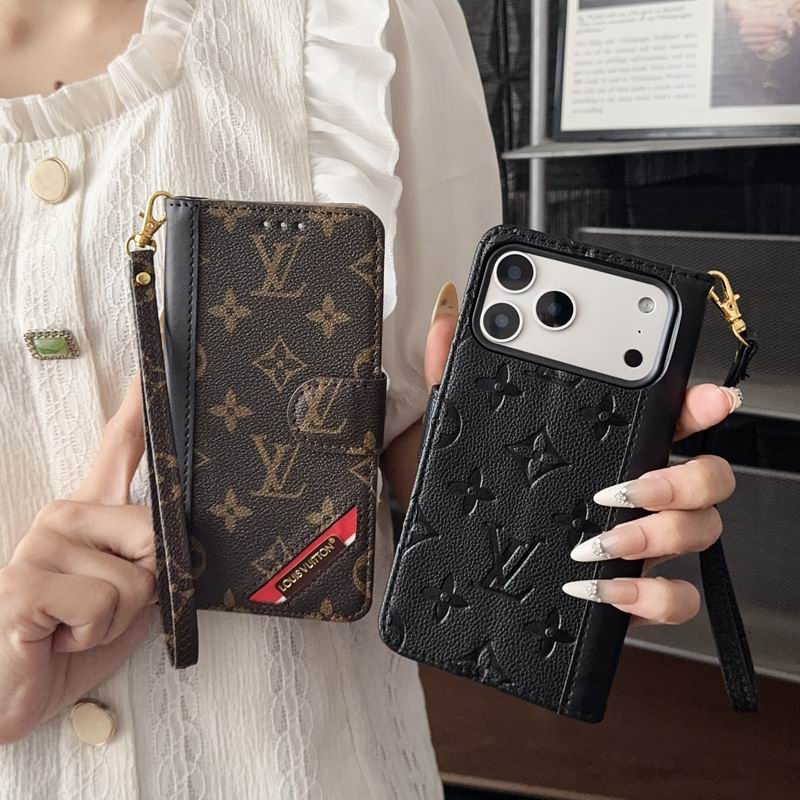 LV iPhone wallet case showing the folding leather cover and protective fit