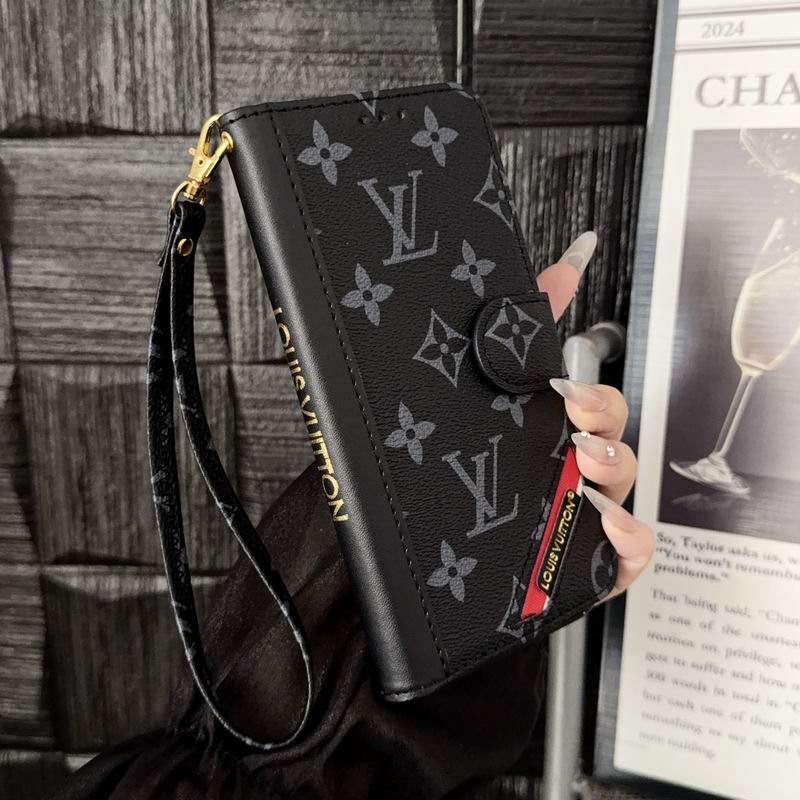 Black monogram LV iPhone wallet case showing the dark patterned folio finish