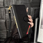 Black leather LV iPhone wallet case showing the smooth folding cover
