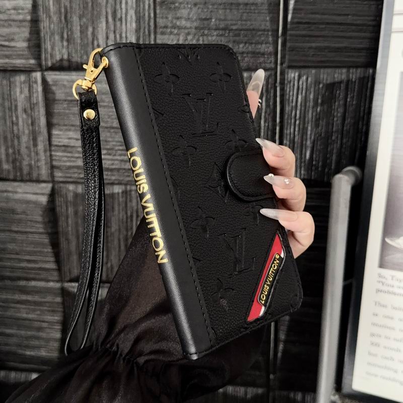 Black leather LV iPhone wallet case showing the smooth folding cover