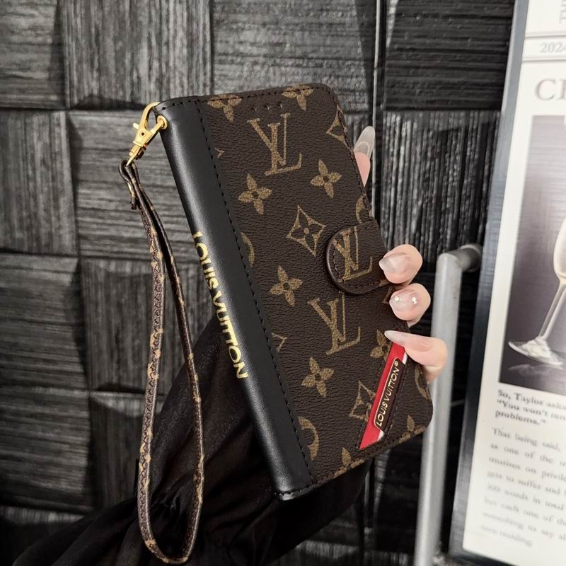 Brown monogram LV iPhone wallet case showing the classic patterned folding cover
