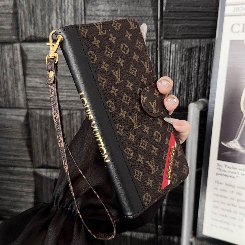 Brown small monogram LV iPhone wallet case showing the compact patterned cover