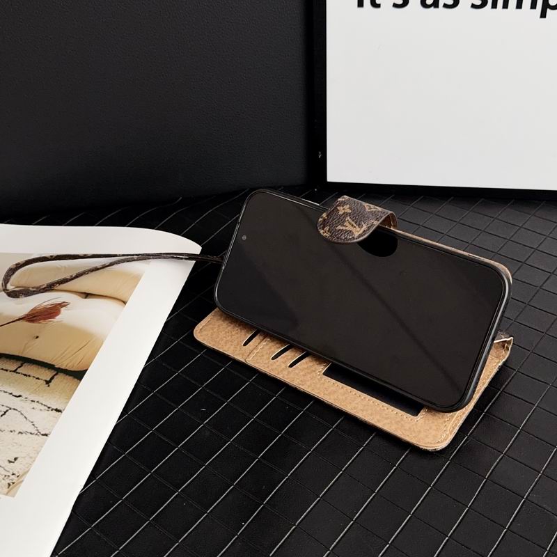 LV iPhone wallet case folded into a kickstand for hands-free viewing