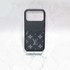 LV black monogram iPhone case showing the full patterned rear cover and slim fit