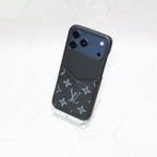 Black monogram phone case for iPhone showing the rear pattern and camera opening