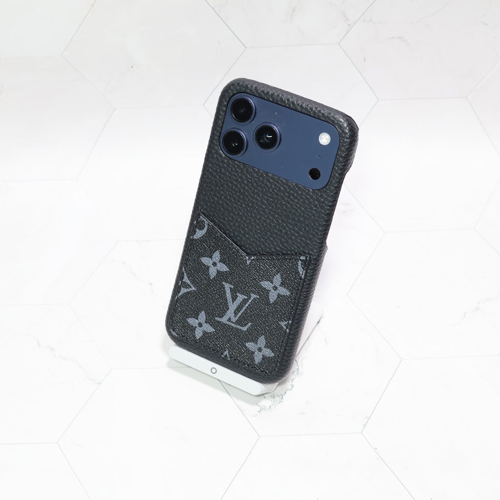 Black monogram phone case for iPhone showing the rear pattern and camera opening