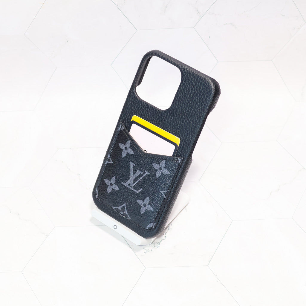LV black monogram iPhone case showing the fitted protective cover and finished edges