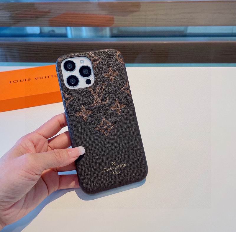 Close-up of the Louis Vuitton leather iPhone case highlighting the patterned back design
