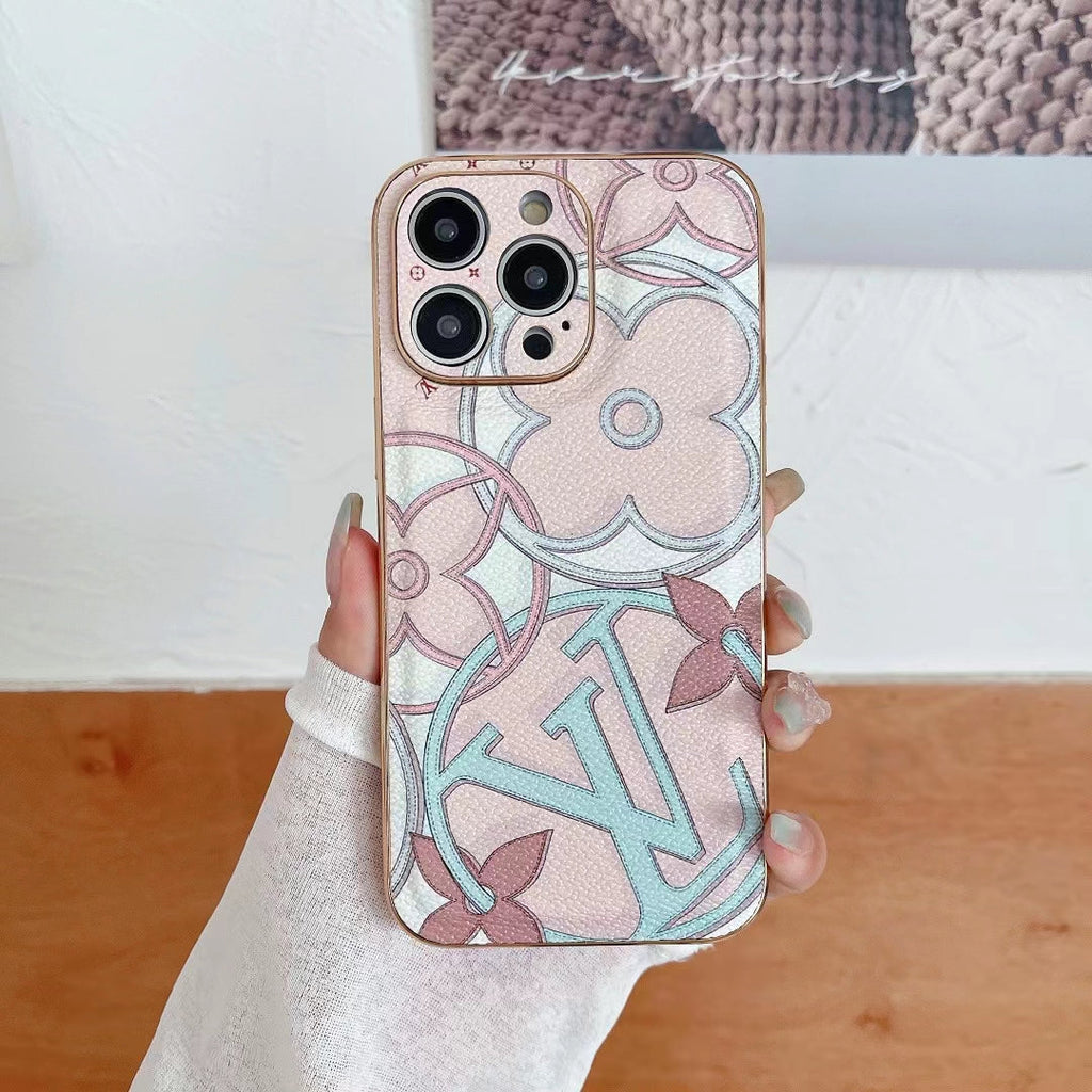 Pink quilted leather LV iPhone case showing the soft patterned protective back