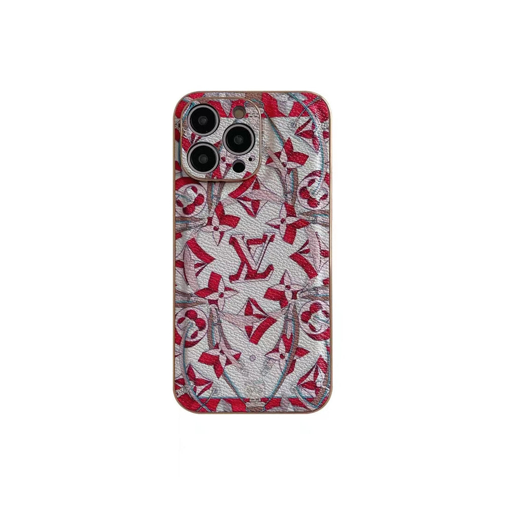 Red quilted leather LV iPhone case showing the bright textured rear cover