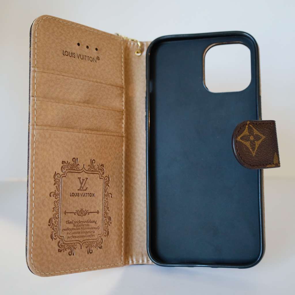 LV Brown Monogram Leather Wallet Case iPhone X 11 12 13 14 15 16 Pro Max Plus