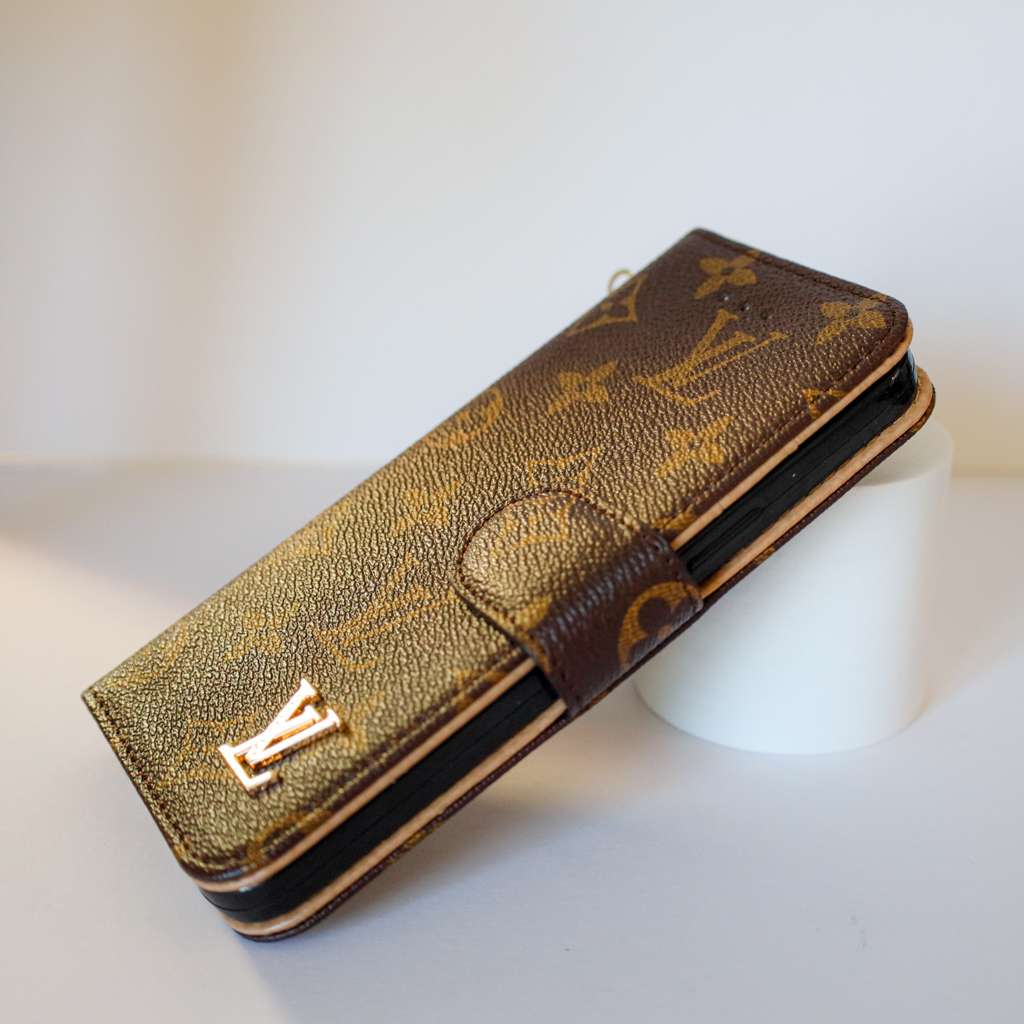LV Brown Monogram Leather Wallet Case iPhone X 11 12 13 14 15 16 Pro Max Plus