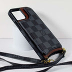Black checkered leather iPhone wallet case showing the card slots and protective folio cover