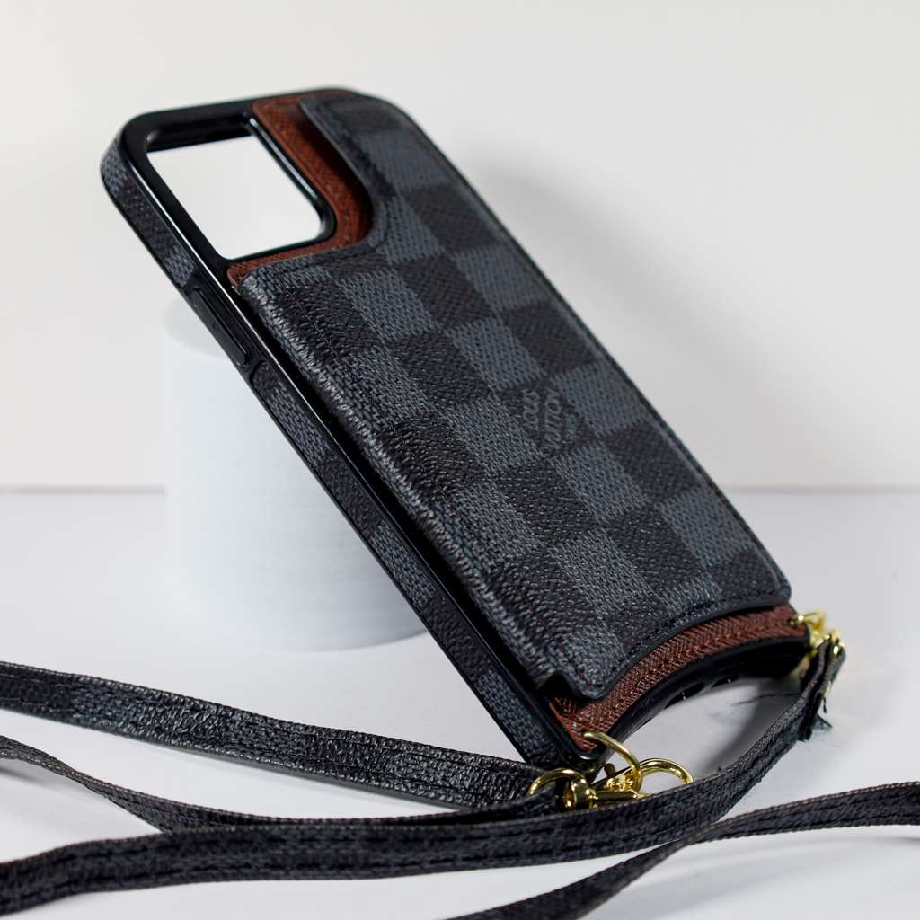 Black checkered leather iPhone wallet case showing the card slots and protective folio cover