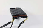 Black checkered leather iPhone wallet case showing the patterned rear cover and fitted corners