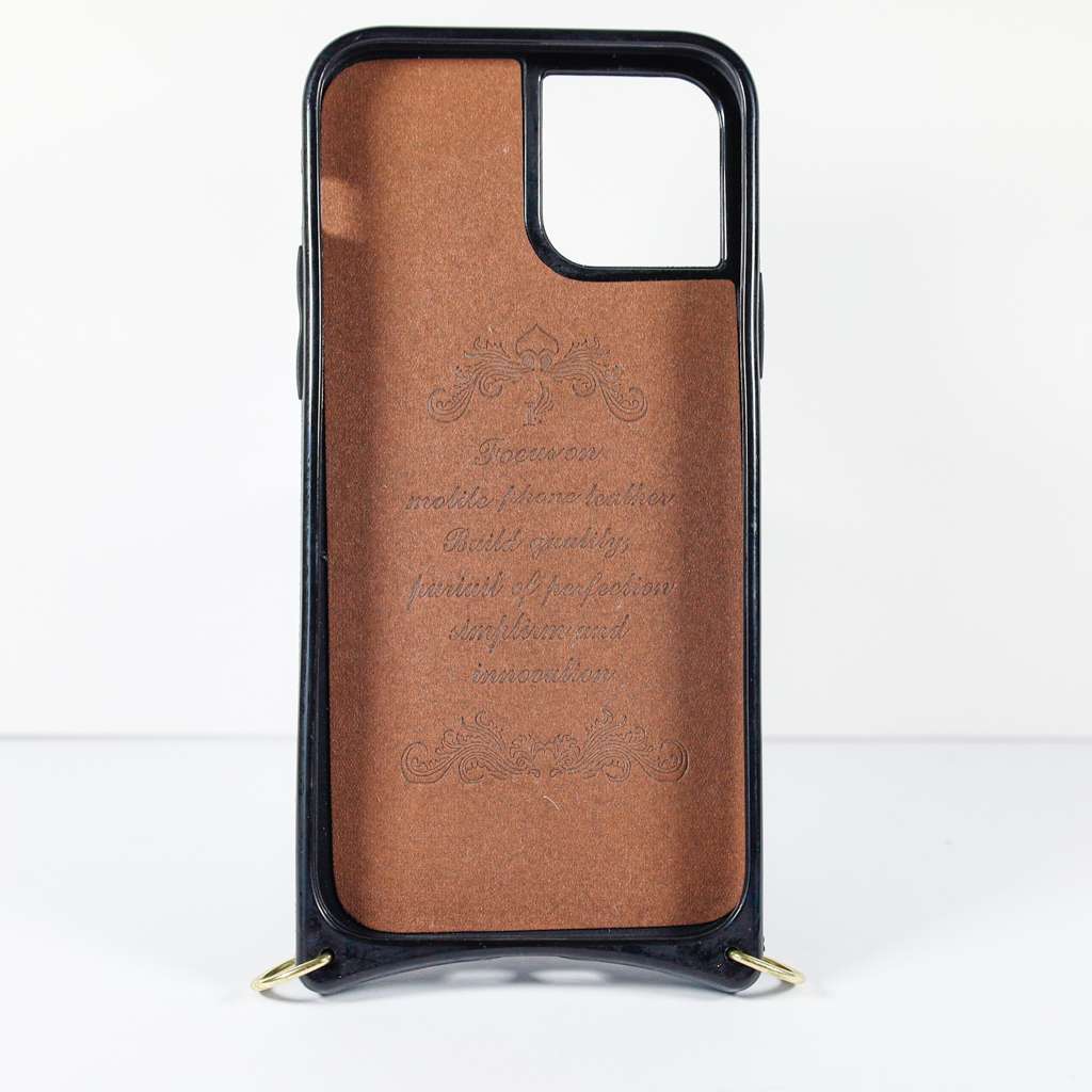 Black checkered leather iPhone wallet case shown open with the interior wallet section