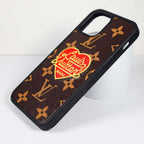LV 3D heart phone case for iPhone showing the textured embroidery and back cover