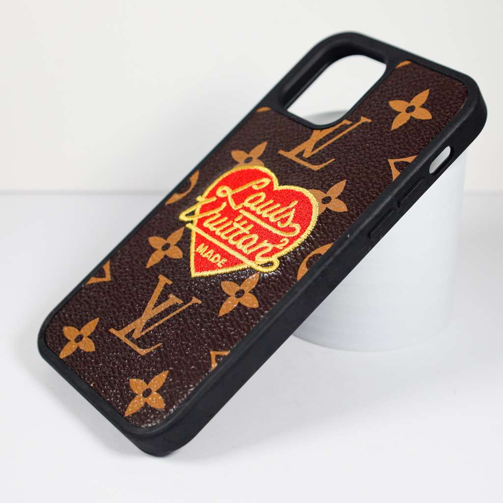 LV 3D heart phone case for iPhone showing the textured embroidery and back cover