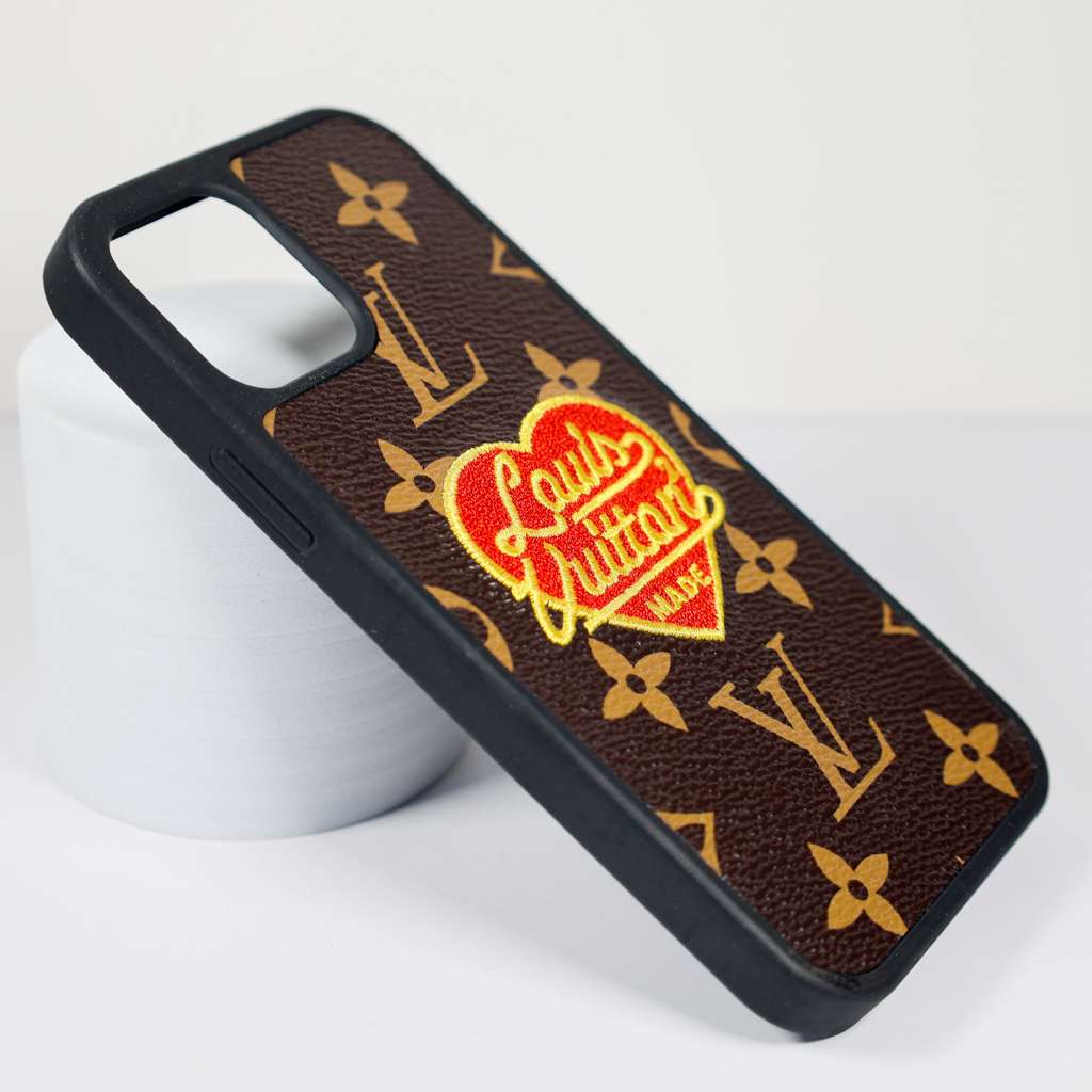 Embroidered heart iPhone case showing the rear design, camera opening and edge finish
