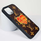 Embroidered heart iPhone case showing the rear design, camera opening and edge finish
