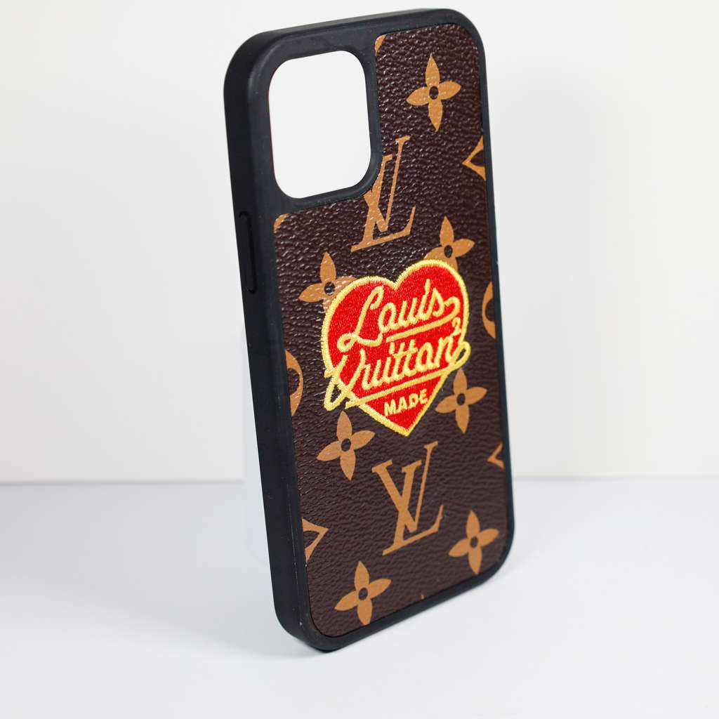 LV embroidered 3D heart iPhone case showing the raised heart design and stitched detail