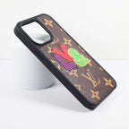 Close-up of the fashion leather iPhone case highlighting the embroidery and material