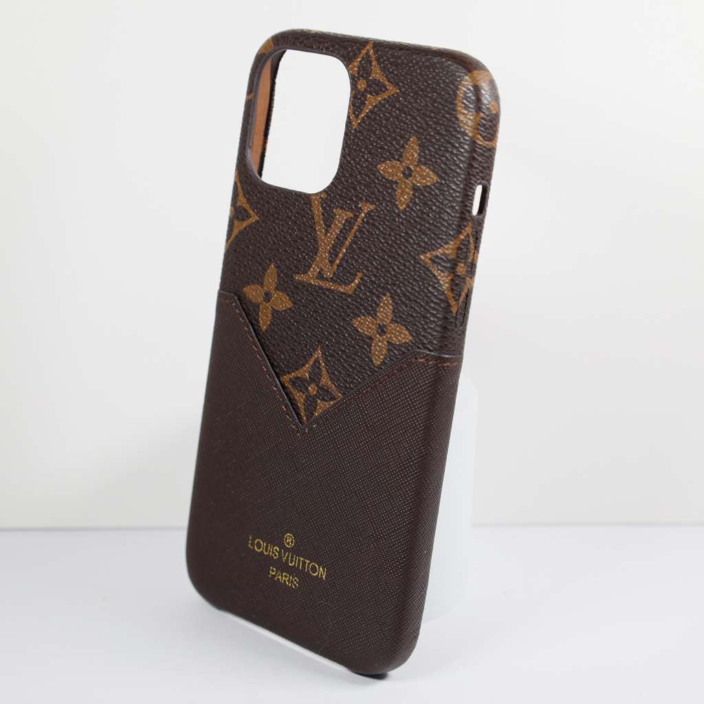Close-up of the brown card holder iPhone case showing the card storage detail