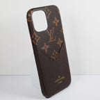 LV brown iPhone card holder case showing the back cover and camera opening