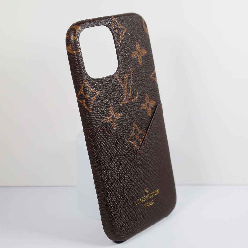 LV brown iPhone card holder case showing the back cover and camera opening