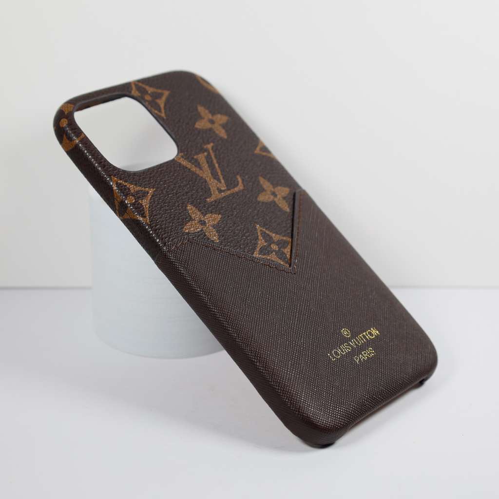 Detailed view of the LV card holder iPhone case showing leather texture and edges